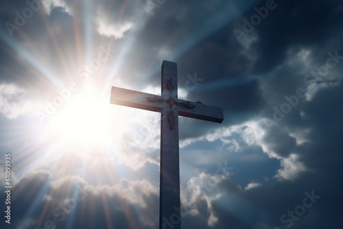 a cross on the clouds in the rays of the sun, the power of faith. generative ai,