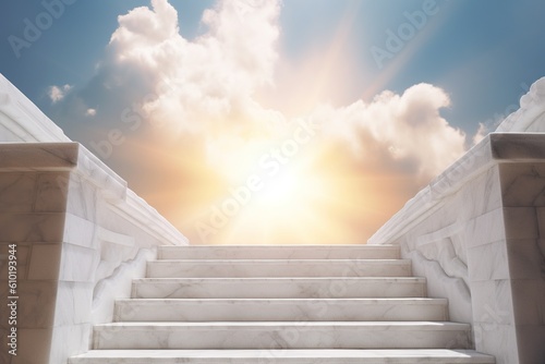 Obraz na płótnie stairs leading to heaven A concept depicting a huge staircase leading up to the open majestic pearly gates of heaven surrounded by a blue sky background