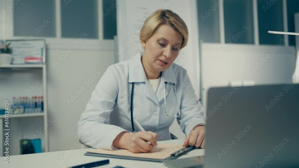 Family doctor consulting patient online, writing medicine prescription on paper Family doctor consulting patient online, writing medicine prescription on paper