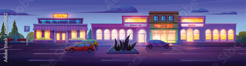 Night supermarket store building with parking exterior vector background. Front view illustration with car near retail market on street road outside scene. Modern facade of commercial estate roadside