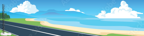 Vector or Illustrator and Landscape view. Asphalt road path through the beach. Sea beach and island complex far away. Under blue sky and white clouds.