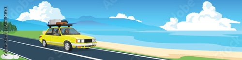 Vector or Illustrator and Landscape view. Travel car and people with luggage on roof top journey. Asphalt road path through the beach. Sea beach and island complex far away. Blue sky and white clouds.