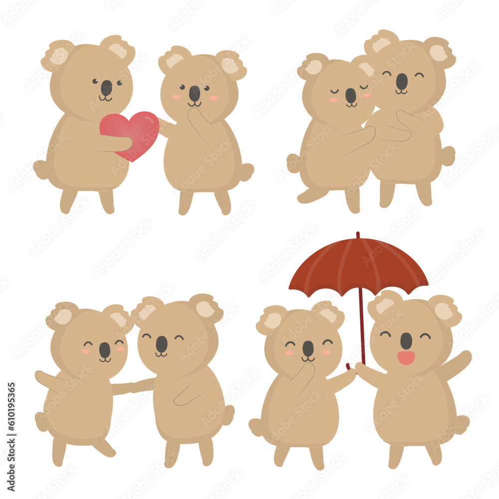 Valentine’s Day vector illustration. Three cute couple koalas on white background with many hearts Valentine’s Day vector illustration. Three cute couple koalas on white background with many hearts