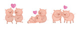 Valentine’s Day vector illustration. Three cute couple pigs on white background with many hearts