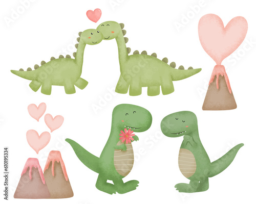 Valentine’s Day vector illustration. Two cute couple Dinosors on white background with many hearts