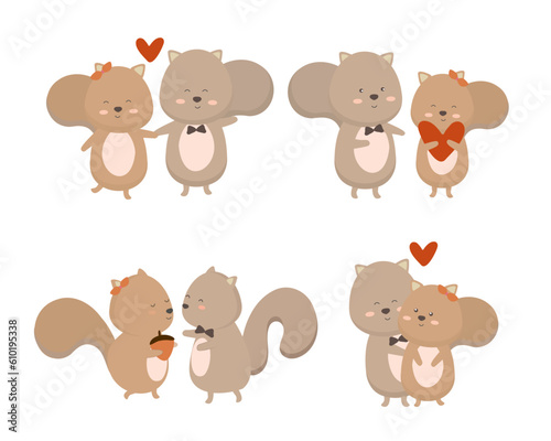 Valentine’s Day vector illustration. Two cute couple squirrels on white background with many hearts