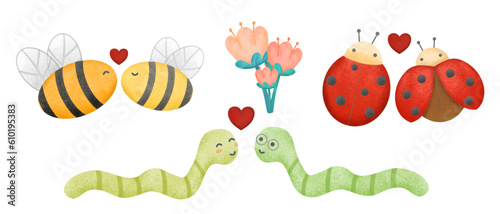 Valentine’s Day vector illustration. Three cute couple insects on white background with many hearts