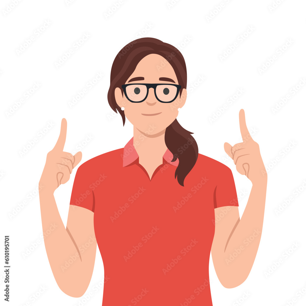 Excited young woman pointing fingers up at copy space isolated, ointing index fingers up commercial area. Flat vector illustration isolated on white background