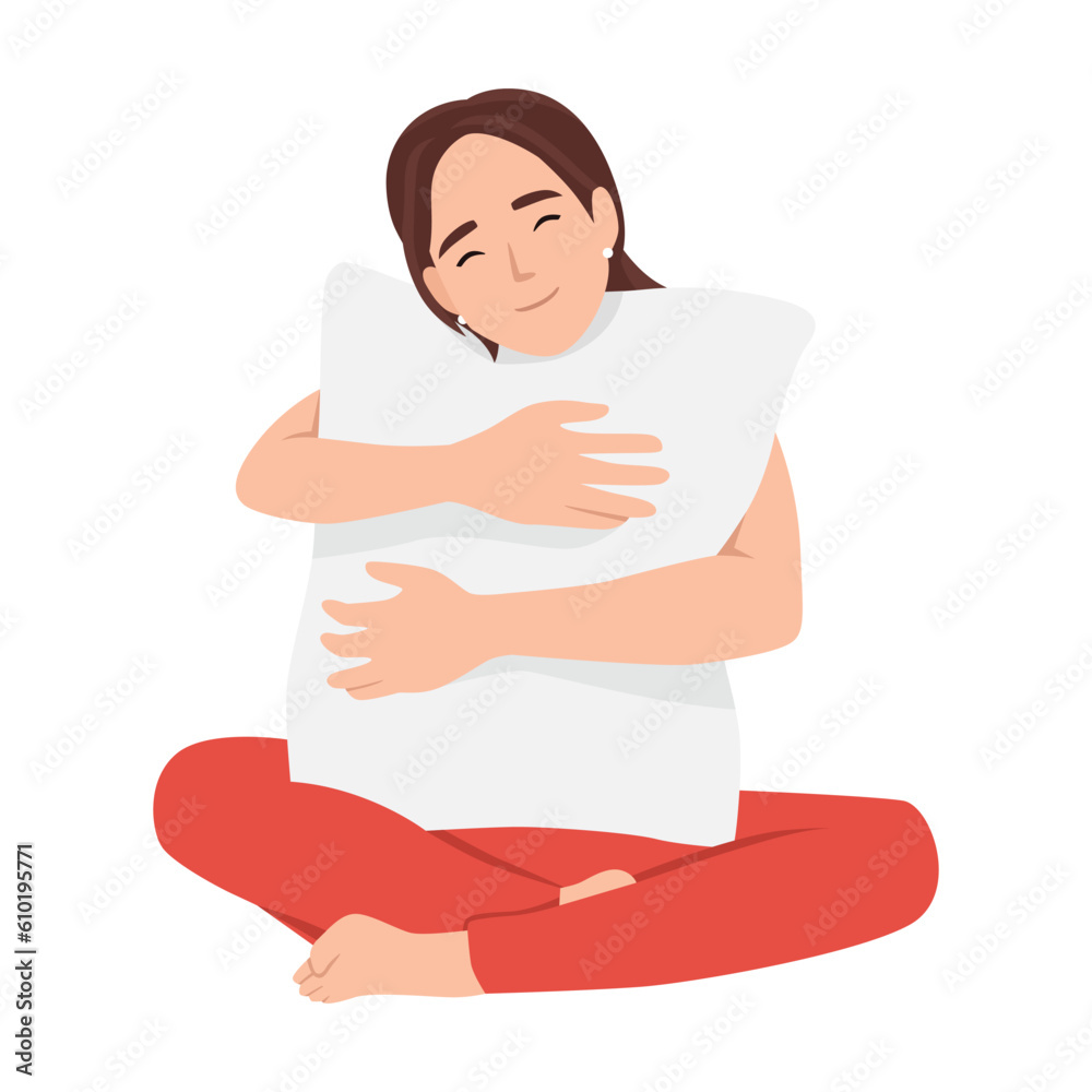 Portrait of smiling young woman holding pillow isolated vector. Flat vector illustration isolated on white background Portrait of smiling young woman holding pillow isolated vector. Flat vector illustration isolated on white background