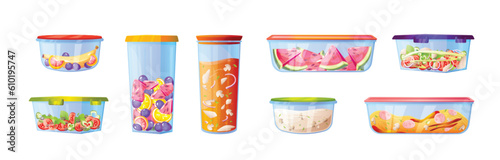 Plastic food container box with lunch salad vector icon set. Meal storage box with vegetable and fruit salad in glass bowl with cover. Takeaway or leftover mealtime with banana, porridge and macaroni
