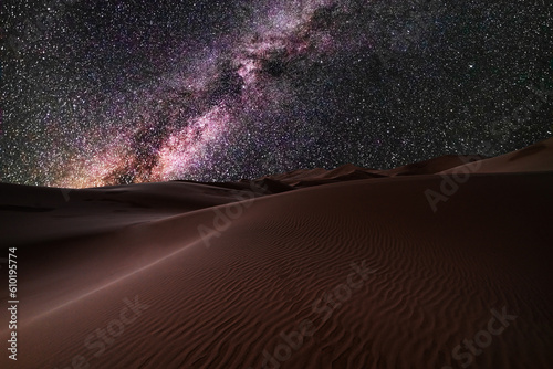 Amazing views of the Sahara desert under the night starry sky. photo