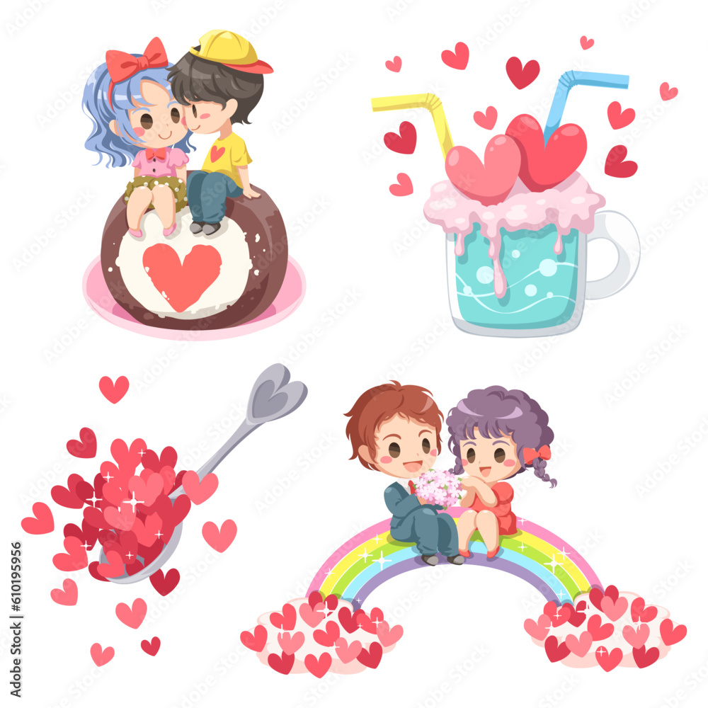 Valentine’s Day vector illustration. Cute couple on white background with many hearts