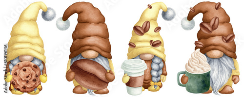 Quadro su tela Set of watercolor gnomes with coffee cup, cookie
