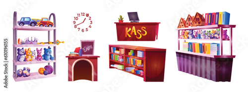 Vector toy store shelf game vector illustration. Shop cartoon wooden counter table and supermarket rack with book show case and shelves furniture. Children toyshop market icon design collection