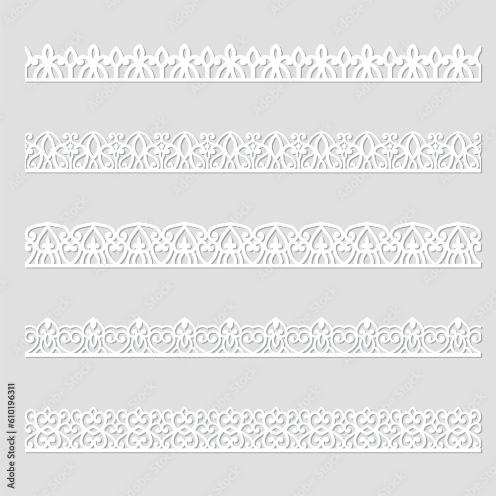 Vector set of lace border vignettes, suitable for laser cutting. Vintage flourish ornaments, cutout paper decoration Vector set of lace border vignettes, suitable for laser cutting. Vintage flourish ornaments, cutout paper decoration