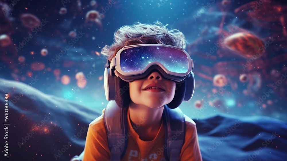 Portrait of a Little boy wearing virtual reality goggles.Generative Ai