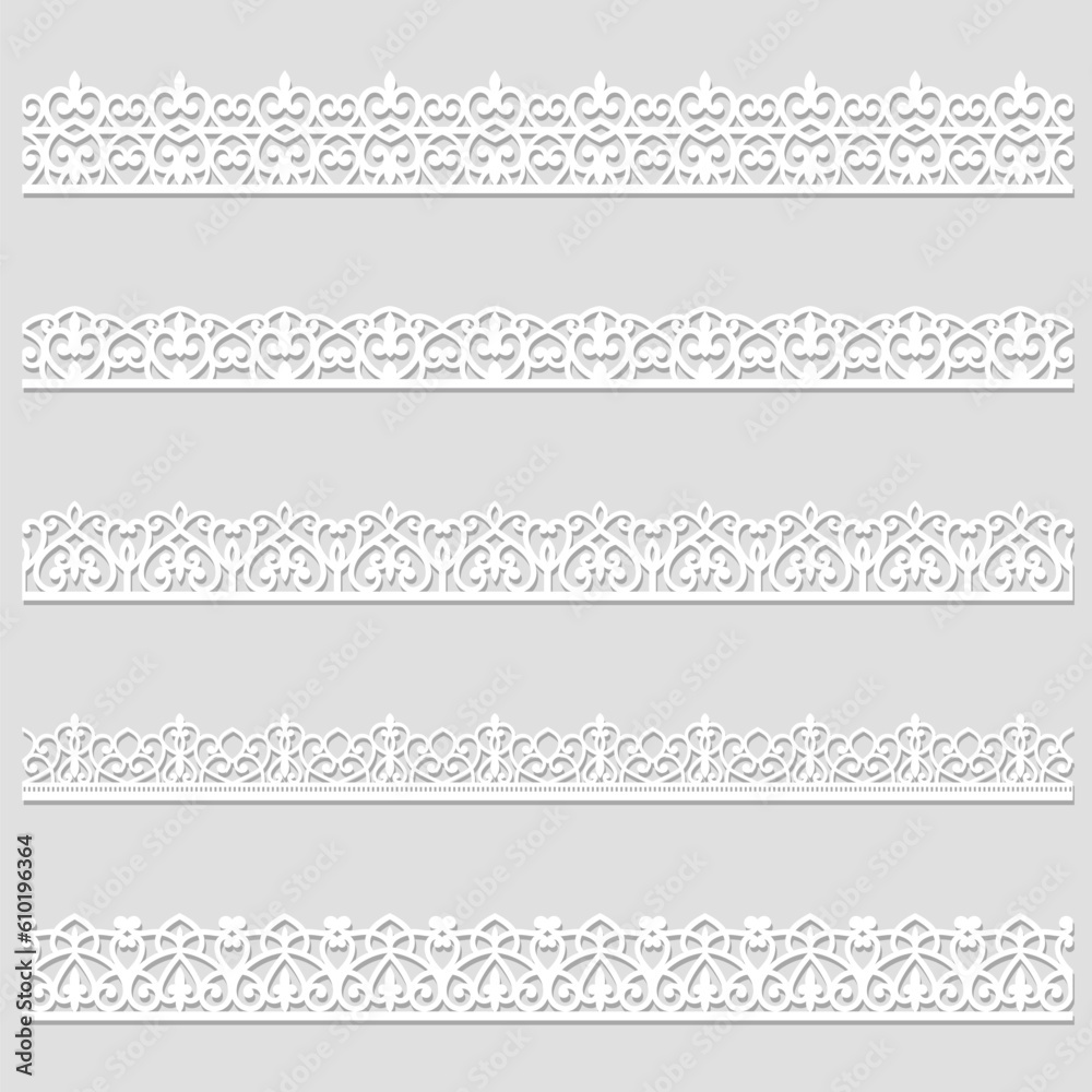 Vector set of lace border vignettes, suitable for laser cutting. Vintage flourish ornaments, cutout paper decoration Vector set of lace border vignettes, suitable for laser cutting. Vintage flourish ornaments, cutout paper decoration