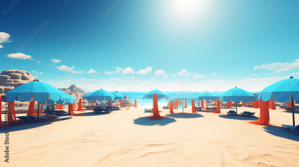 photo beach with many blue umbrella and lounge under bright sky ai generative