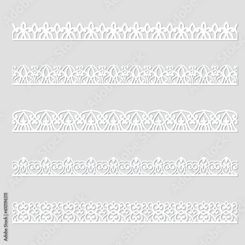 Vector set of lace border vignettes, suitable for laser cutting. Vintage flourish ornaments, cutout paper decoration