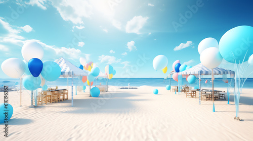 photo beach party with balloon under right blue sky ai generative