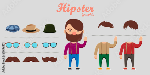 Hipster dress up constructor set you can choose costume Clothes, hairstyles, hats, glasses and mustaches.