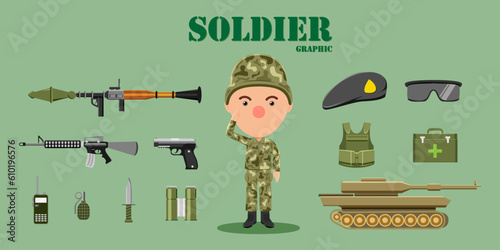 Soldier dress up constructor set you can choose costume and accessories. Cartoon vector illustration character design