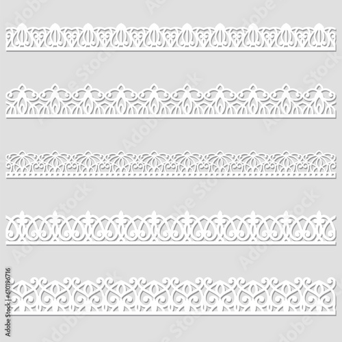 Lace pattern elements. Vintage seamless figured lace borders, beautiful wedding lace decoration. Black lace borders vector illustration set. Seamless black gorgeous stripe, delicate simple pattern