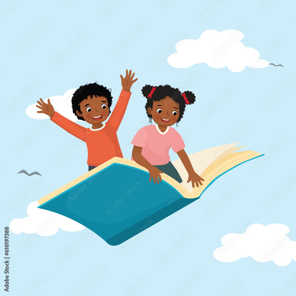 Cute African school kids flying on a big open book in the blue sky