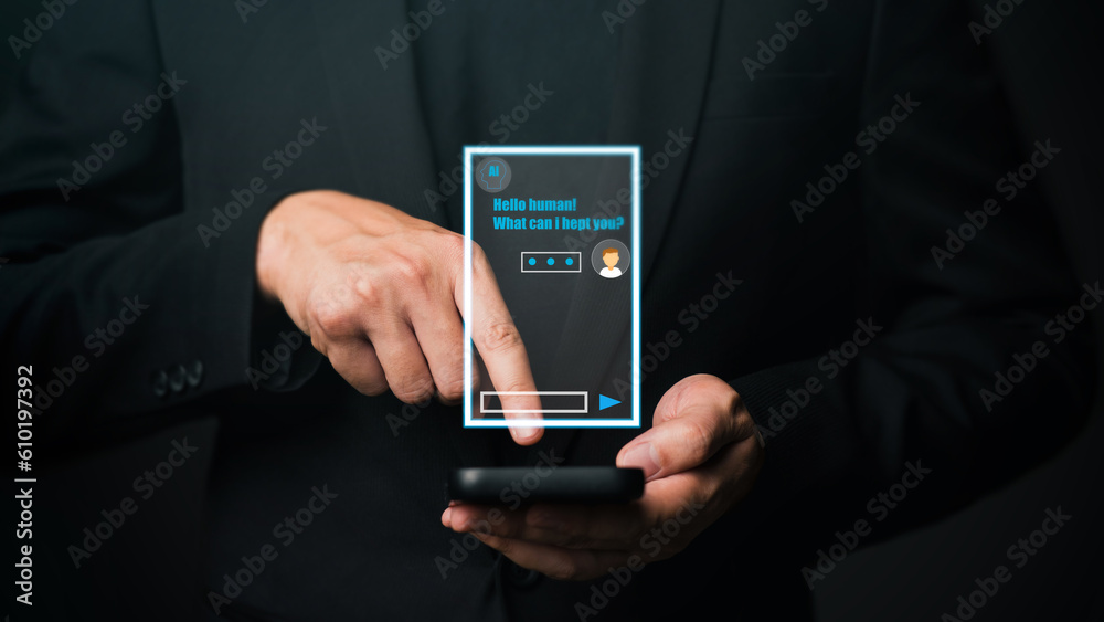 Digital chatbot, robot application, conversation assistant, AI Artificial Intelligence concept. Man using mobile smart phone, with digital chatbot on virtual screen.