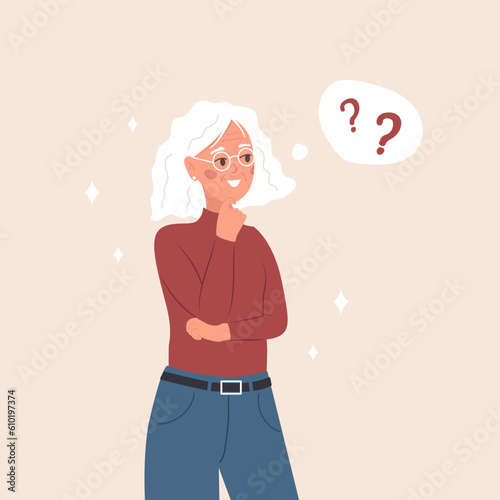 Elderly woman in doubt. Smart female character having questions. Problem solving. Vector illustration in flat cartoon style.