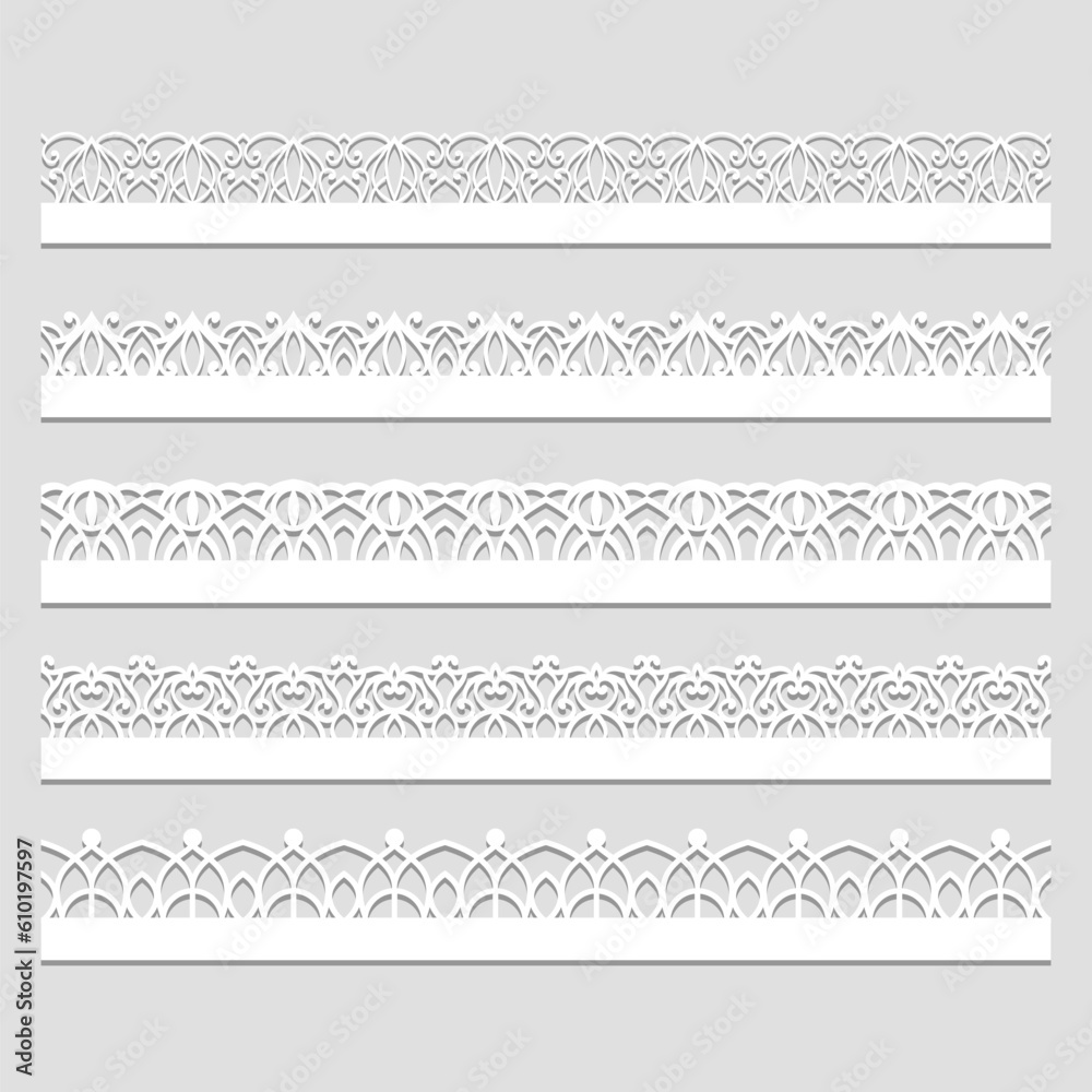 Lace pattern elements. Vintage seamless figured lace borders, beautiful  wedding lace decoration. Black lace borders vector illustration set.  Seamless black gorgeous stripe, delicate simple pattern Stock Vector