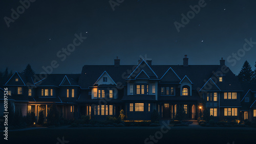 Night view of a modern house in the countryside. Night scene.