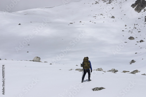 Solo Trekker heading to Larkya Pass during Manaslu Circuit Trekking  photo