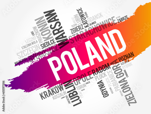 List of cities and towns in Poland, word cloud collage, business and travel concept background