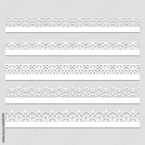 Lace pattern elements. Vintage seamless figured lace borders, beautiful wedding lace decoration. Black lace borders vector illustration set. Seamless black gorgeous stripe, delicate simple pattern