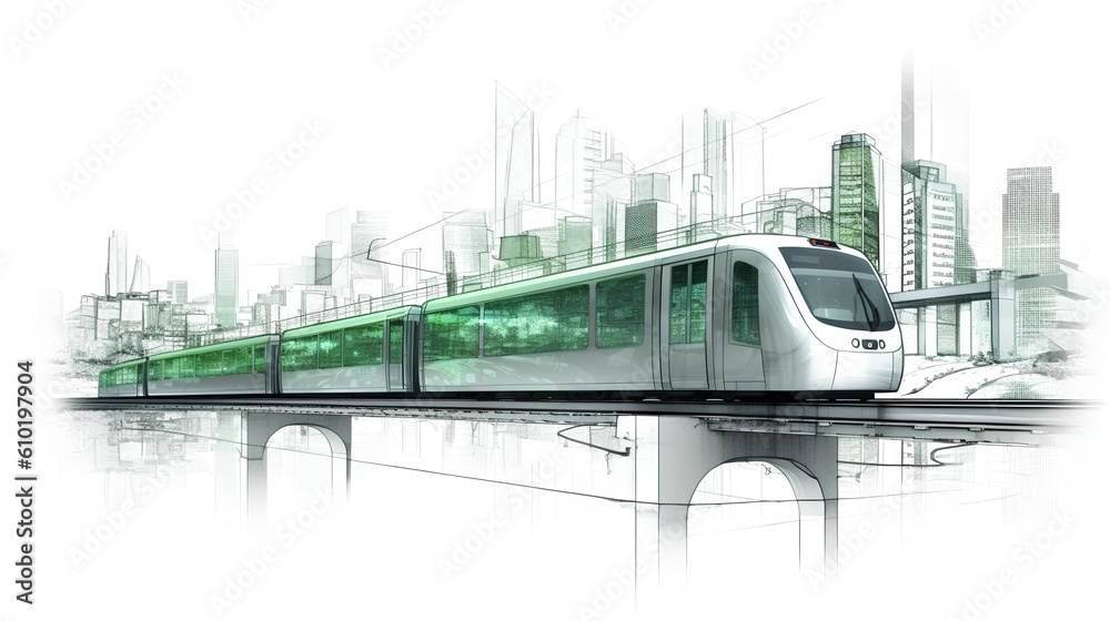 Naklejka premium The concept of a city railway system, indicative of a sustainable transportation project. The move towards more efficient, greener modes of urban transportation. Generative AI