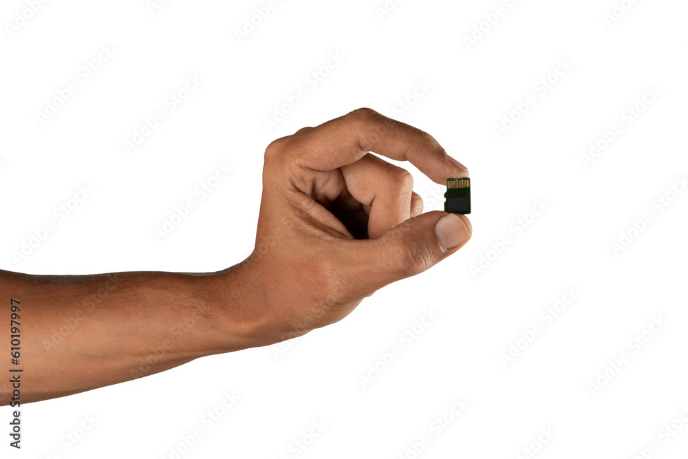 black male hand with micro SD memory card isolated black male hand with micro SD memory card isolated