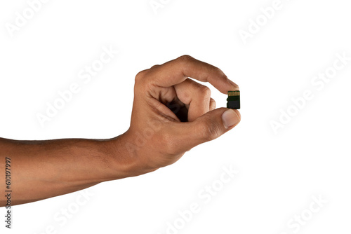 black male hand with micro SD memory card isolated