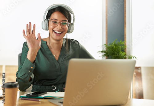 Bild auf Leinwand Virtual meeting, business woman and happy wave on a video call with headphones and greeting