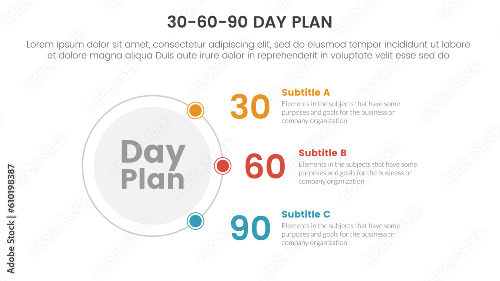 30-60-90 day plan management infographic 3 point stage template with circle and connecting content concept for slide presentation vector