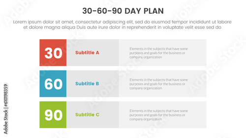 30-60-90 day plan management infographic 3 point stage template with 3 block row rectangle content concept for slide presentation vector
