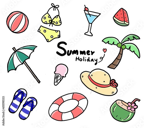 hand drawn illustrations about summer time cute holiday style It is an image that represents the sea. Hot weather suitable for going to the beach on a white background isolated clearly.