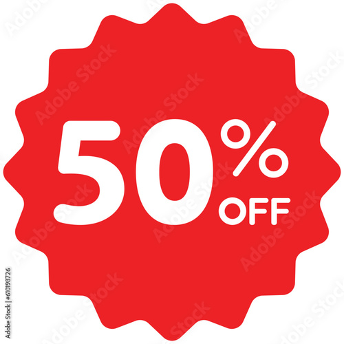 Single round 50% off starbursts zig zag shape on sale badge icon in red, shopping label concept. Colourful flat design vector for app web button ui ux interface elements isolated