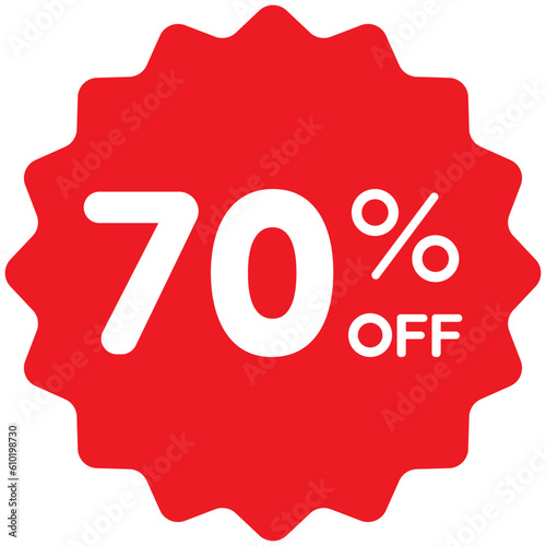 Single round 70% off starbursts zig zag shape on sale badge icon in red, shopping label concept. Colourful flat design vector for app web button ui ux interface elements isolated