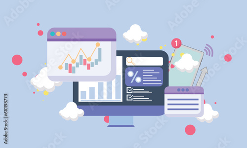 Business data analysis. Stock investment exchange. Financial statistics. Finance Infographic report market analysis. Desktop monitor computer.