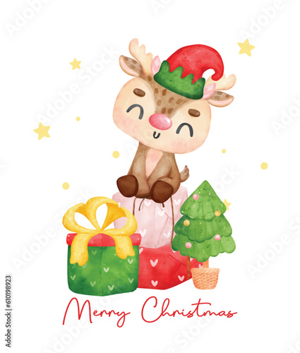 Cute reindeer gift wrapping,  Christmas reindeer singing and holding a songbook, with pine tree and stack of presents merry christmas time, cartoon animal character watercolour