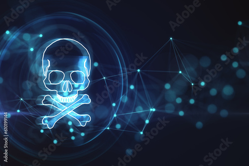 Fotografia Glowing blue skull and bones digital illustration, dark screen texture background, hacking attack and piracy concept