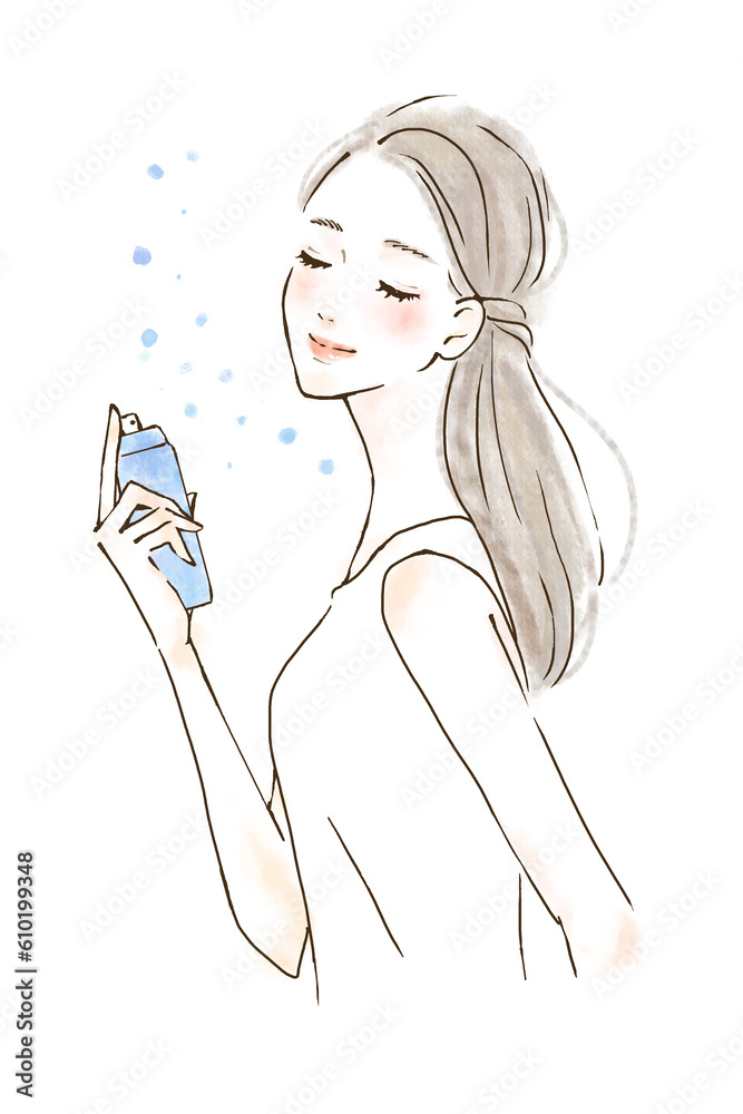 ミストタイプの美容 スキンケアをする女性のイラスト