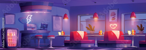 Night restaurant interior for diner cartoon vector. Neon lightning in empty american fast food cafe store background scene. Canteen counter near refrigerator with bottle. Ketchup and mustard on table