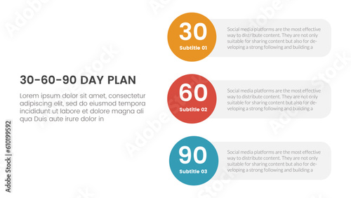 30-60-90 day plan management infographic 3 point stage template with vertical circle shape direction concept for slide presentation vector